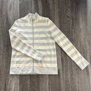 Akris Punto Wool Zip Sweater Jacket US 10 Gray Beige Striped Mock Neck Designer